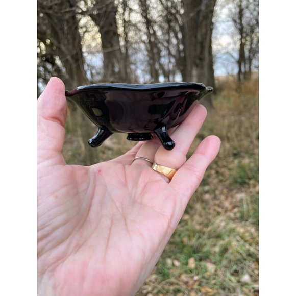 Vintage Pair Black Amethyst Glass 3 Footed Candlestick Holders - Picture 2 of 11